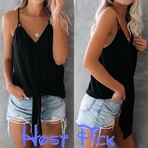 •Black Quicksand Tie Tank Top W/ Hammock Neckline•